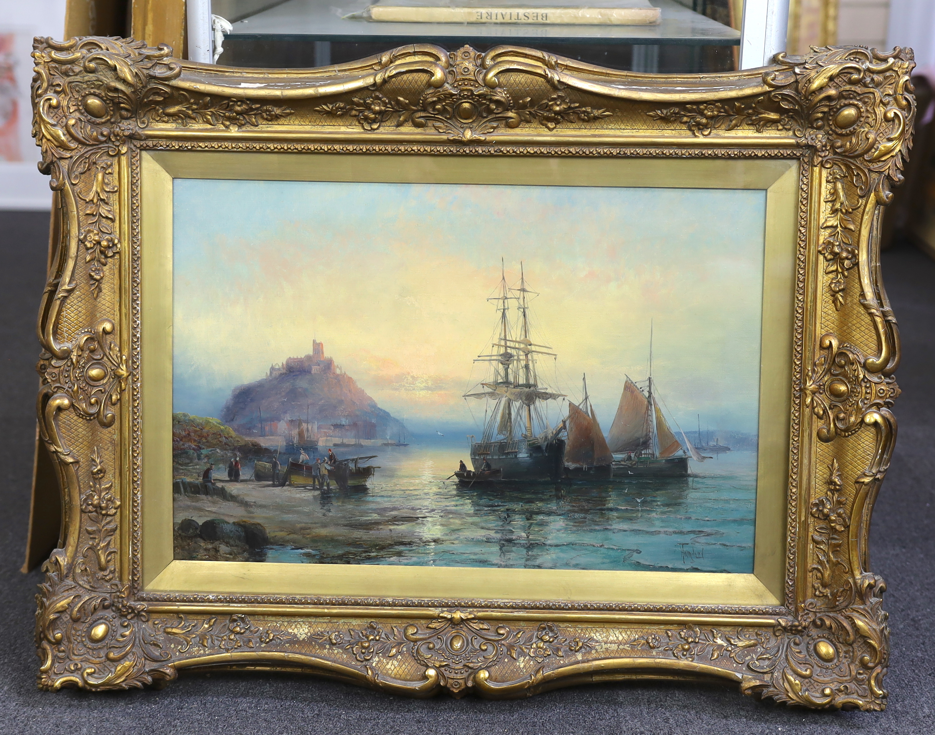 Hubert Thornley (William Anslow Thornley) (fl.1859-1898), Shipping at anchor, Mont St. Michel in the distance, oil on canvas, 40 x 60cm